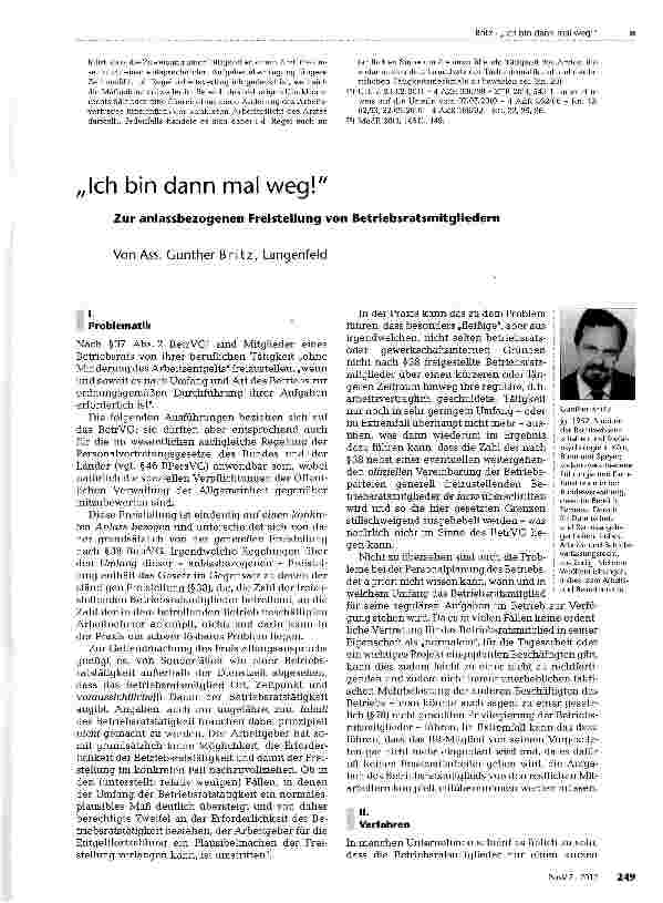 Vorschauseite 1: „Ich bin dann mal weg! Zur anlassbezogenen Freistellung von Betriebsratsmitgliedern