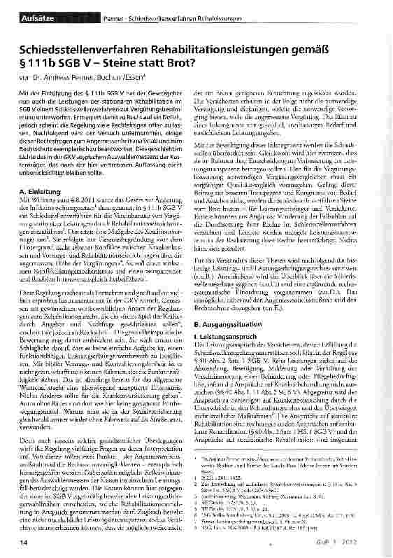 Vorschauseite 1: Schiedsstellenverfahren Rehabilitationsleistungen gemäß § 111 b SGB V - Steine statt Brot?