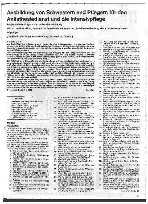 Vorschauseite 1: Ausbildung von Schwestern und Pflegern für den Anästhesiedienst und die Intensivpflege // Programmierte Fragenund Antwortsammlung