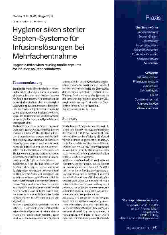 Vorschauseite 1: Hygienerisiken steriler Septen-Systeme für Infusionslösungen bei Mehrfachentnahme