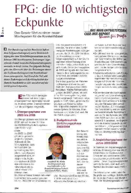 Vorschauseite 1: FPG: die 10 wichtigsten Eckpunkte Das Gesetz führt zu einem neuen Mischsystem für die Krankenhäuser