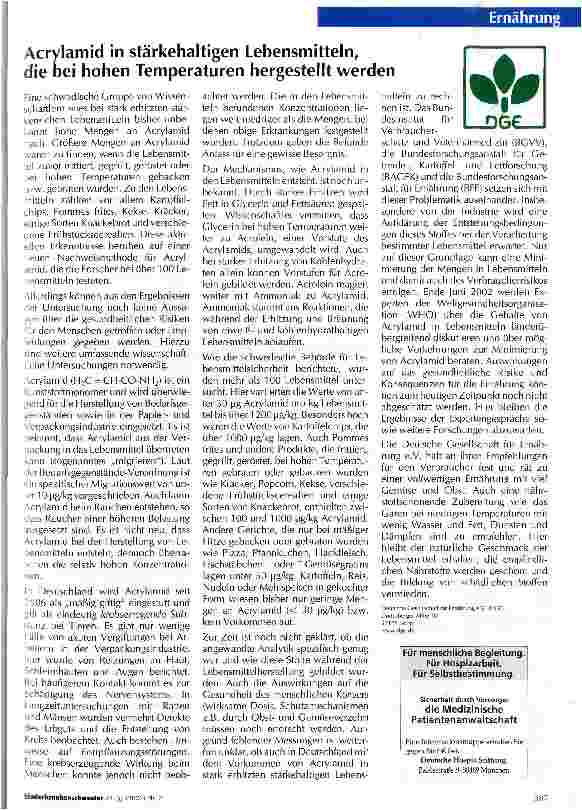 Vorschauseite 1: Acrylamid in stärkehaltigen Lebensmitteln, die bei hohen Temperaturen hergestellt werden