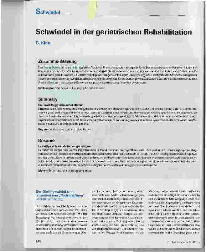 Vorschauseite 1: Schwindel in der geriatrischen Rehabilitation