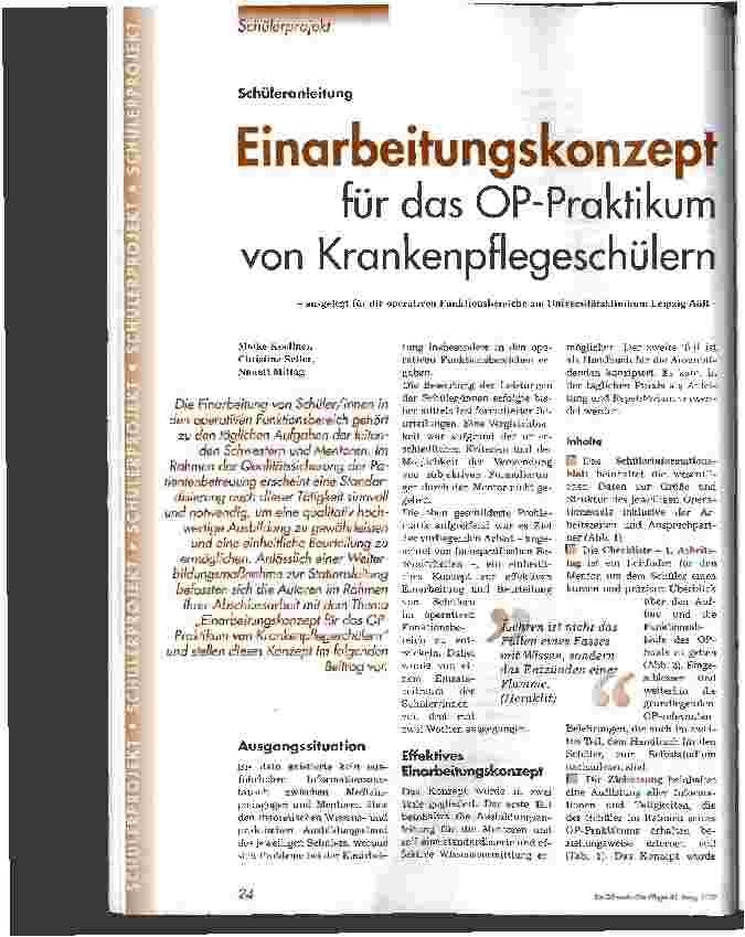 Vorschauseite 1: Einarbeitungskonzept für das OP-Praktikum von Krankenpflegeschülern - ausgelegt für die operativen Funktionsbereiche am Universitätsklinikum Leipzig AöR -