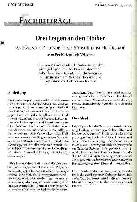 Vorschauseite 1: Drei Fragen an den Ethiker Angewandte Philosophie als Selbsthilfe im Helferberuf