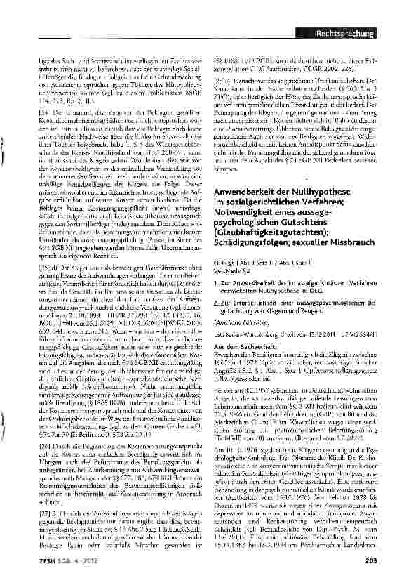 Vorschauseite 1: Anwendbarkeit der Nullhypothese im sozialgerichtlichen Verfahren; Notwendigkeit eines aussagepsychologischen Gutachtens (Glaubhaftigkeitsgutachten); Schädigungsfolgen; sexueller M…