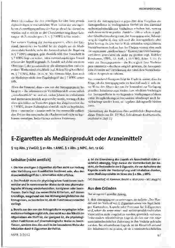Vorschauseite 1: E-Zigaretten als Medizinprodukt oder Arzneimittel? § 123 Abs. 3 VwGO, § 21 Abs. i AMG, § 2 Abs. 3 MPG, Art. 12 GG