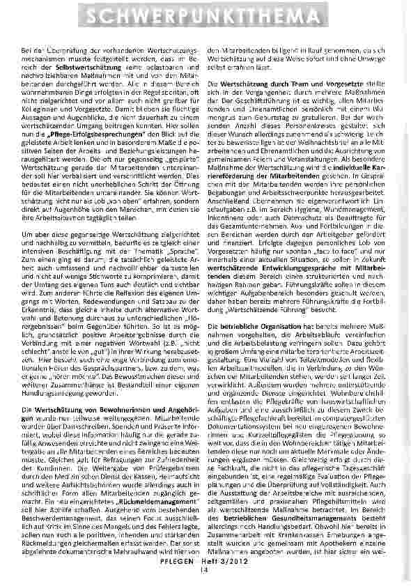 Vorschauseite 3: WERTSCHÄTZUNG IN DER PFLEGE Ein Beitrag zum gesunden Pflegen?