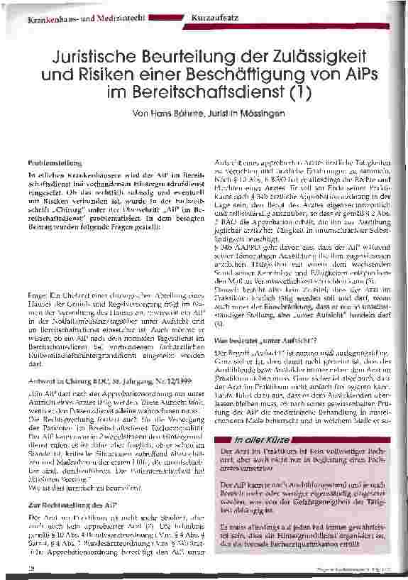 Vorschauseite 1: Juristische Beurteilung der Zulässigkeit und Risiken einer Beschäftigung von AiPs im Bereitschaftsdienst (1)