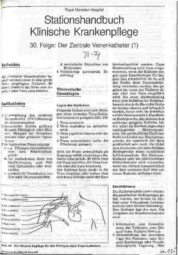 Vorschauseite 1: Royal Marsden Hospital - Stationshandbuch Klinische Krankenpflege 30. Folge: Der Zentrale Venenkatheter (1)