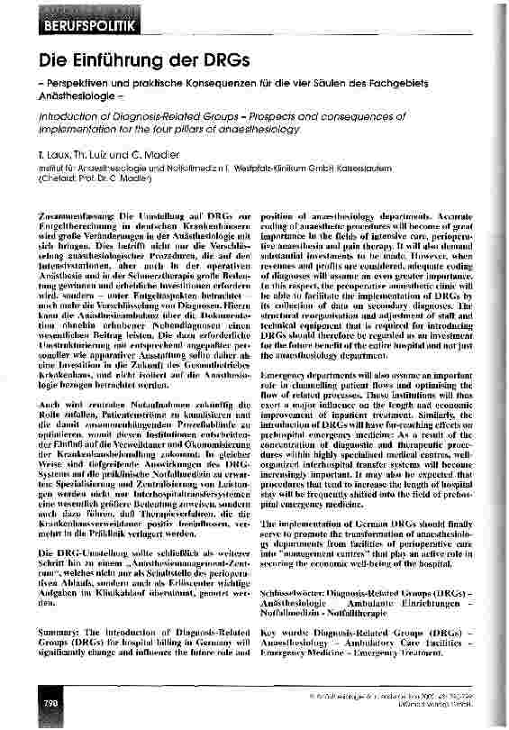 Vorschauseite 1: Die Einführung der DRGs Perspektiven und praktische Konsequenzen für die vier Säulen des Fachgebiets Anästhesiologie