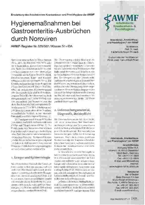Vorschauseite 1: Hygienemaßnahmen bei Gastroenteritis-Ausbrüchen durch Noroviren AWMF-Register Nr. 029/037 / Klasse: S1+IDA