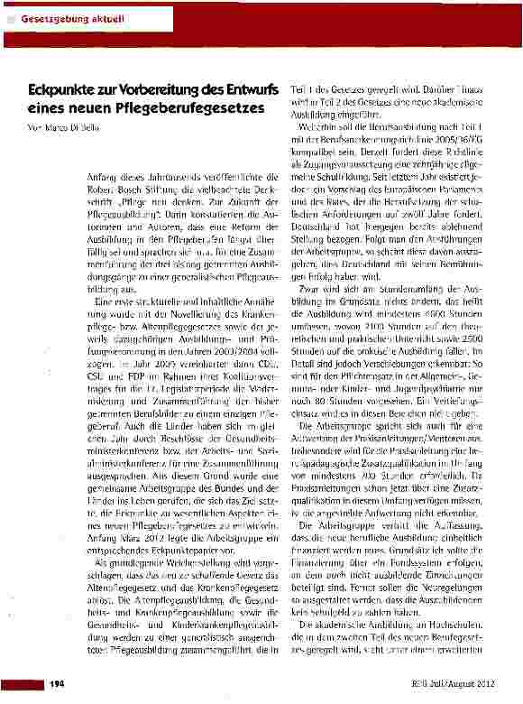 Vorschauseite 1: Eckpunkte zur Vorbereitung des Entwurfs eines neuen Pflegeberufegesetzes