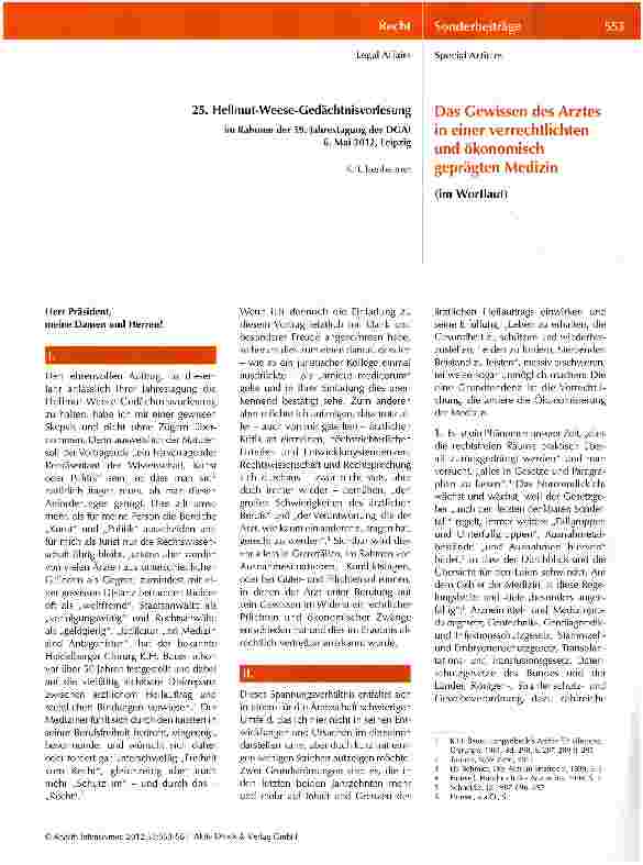 Vorschauseite 1: Das Gewissen des Arztes in einer verrechtlichten und ökonomisch geprägten Medizin