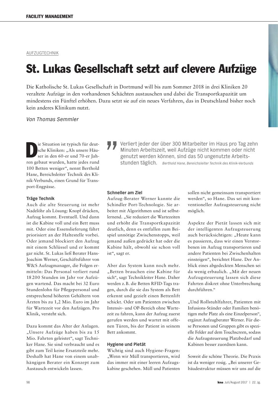Vorschauseite 1: Aufzugtechnik: St. Lukas Gesellschaft setzt auf clevere Aufzüge