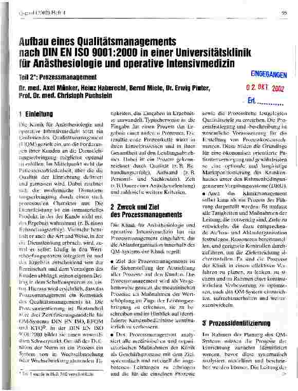 Vorschauseite 1: Aufbau eines Qualitätsmanagements nach DIN EN ISO 9001:2000 in einer Universitätsklinik für Anästhesiologie und operative Intensivmedizin Teil 2: Prozessmanagement