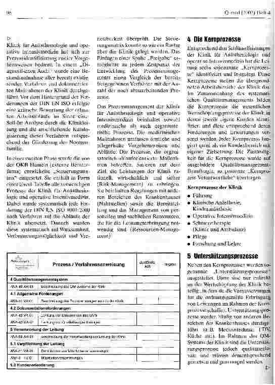 Vorschauseite 2: Aufbau eines Qualitätsmanagements nach DIN EN ISO 9001:2000 in einer Universitätsklinik für Anästhesiologie und operative Intensivmedizin Teil 2: Prozessmanagement