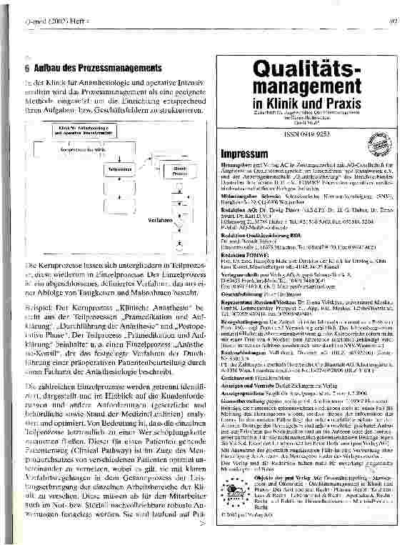 Vorschauseite 3: Aufbau eines Qualitätsmanagements nach DIN EN ISO 9001:2000 in einer Universitätsklinik für Anästhesiologie und operative Intensivmedizin Teil 2: Prozessmanagement