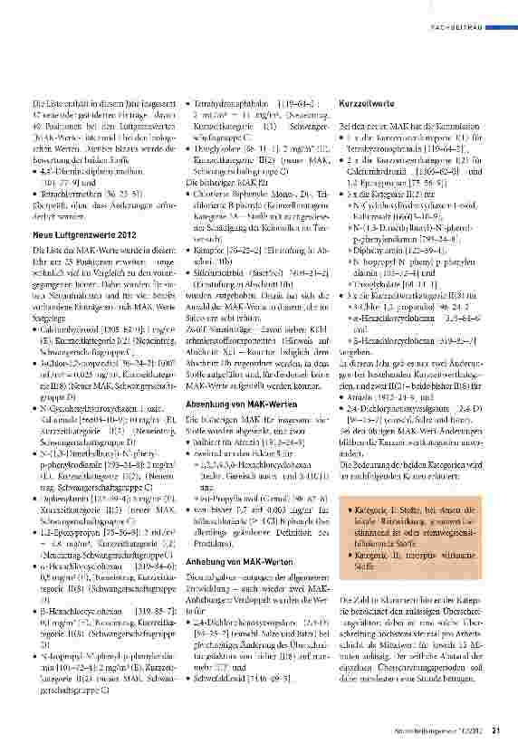 Vorschauseite 2: Änderungen in der MAK-Werte-Liste 2012 der DFG