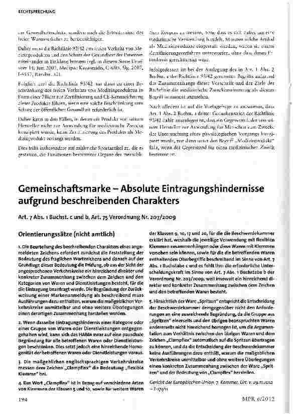 Vorschauseite 1: Gemeinschaftsmarke - Absolute Eintragungshindernisse aufgrund beschreibenden CharaktersArt. 7 Abs. i Buchst, c und b, Art. 75 Verordnung Nr. 207/2009