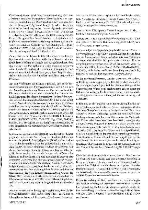 Vorschauseite 6: Gemeinschaftsmarke - Absolute Eintragungshindernisse aufgrund beschreibenden CharaktersArt. 7 Abs. i Buchst, c und b, Art. 75 Verordnung Nr. 207/2009