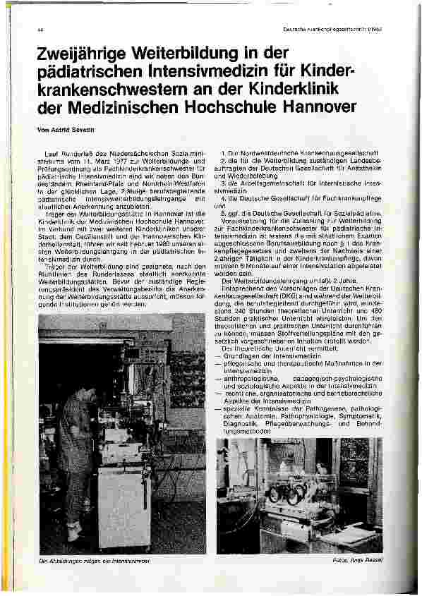 Vorschauseite 1: Zweijährige Weiterbildung in der pädiatrischen Intensivmedizin für Kinderkrankenschwestern an der Kinderklinik der Medizinischen Hochschule Hannover