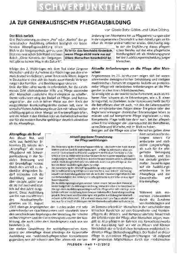 Vorschauseite 1: JA ZUR GENERALISTISCHEN PFLEGEAUSBILDUNG
