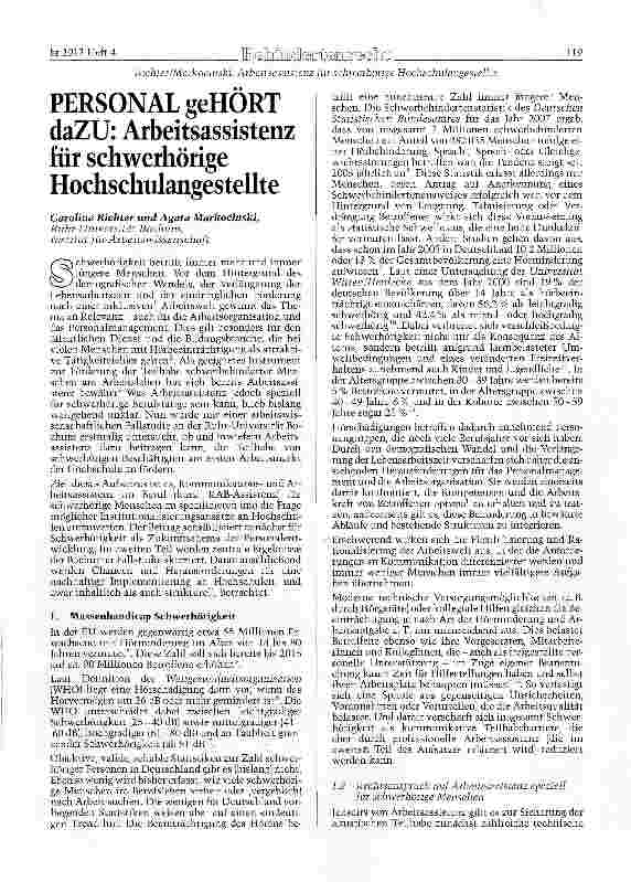 Vorschauseite 1: PERSONAL geHÖRT daZU: Arbeitsassistenz für schwerhörige Hochschulangestellte