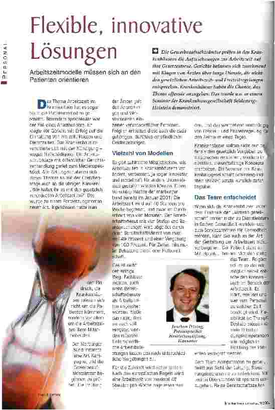 Vorschauseite 1: Flexible, innovative Lösungen Arbeitszeitmodelle müssen sich an den Patienten orientieren