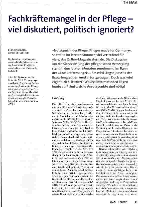 Vorschauseite 1: Fachkräftemangel in der Pflege -viel diskutiert, politisch ignoriert?