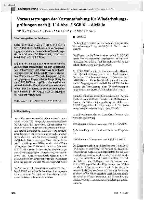 Vorschauseite 1: Voraussetzungen der Kostenerhebung für Wiederholungsprüfungen nach § 114 Abs. 5 SGB XI - Altfälle SGB XI § 72, § 73 Abs. 2, § 114 Abs. 5 Satz 2, § 115 Abs. 2; SGB X § 31 Satz 1