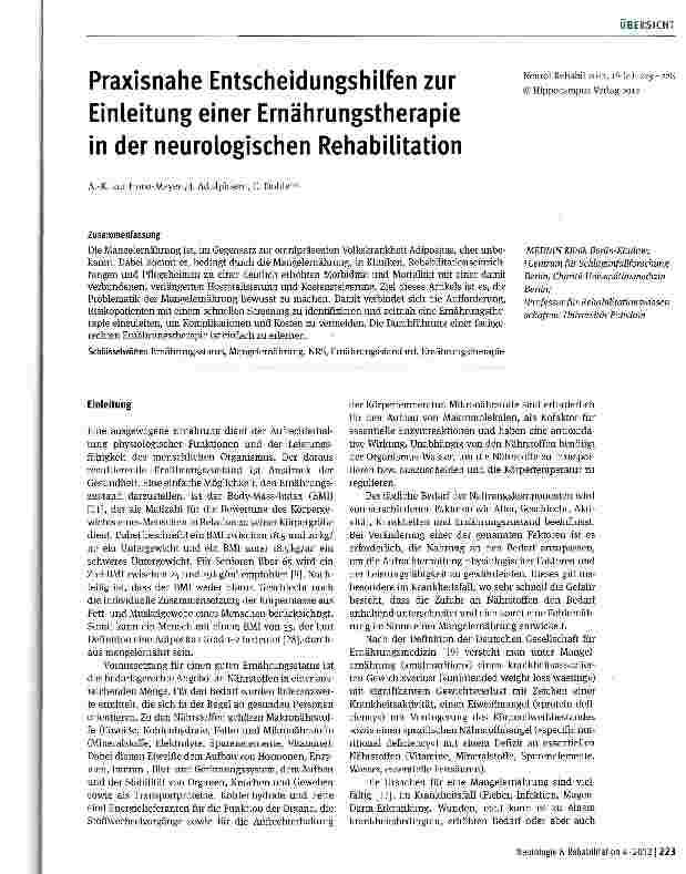 Vorschauseite 1: Praxisnahe Entscheidungshilfen zur Einleitung einer Ernährungstherapie in der neurologischen Rehabilitation
