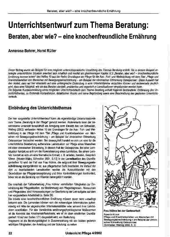 Vorschauseite 1: Unterrichtsentwurf zum Thema Beratung: Beraten, aber wie? - eine knochenfreundliche Ernährung