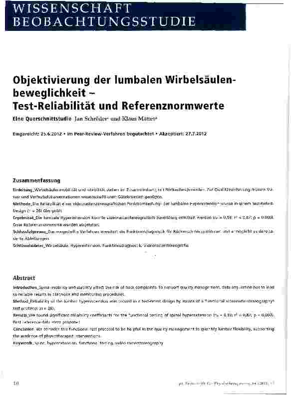 Vorschauseite 1: Objektivierung der lumbalen Wirbelsäulenbeweglichkeit - Test-Reliabilität und Referenznormwerte