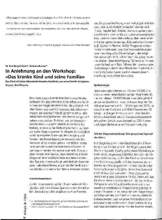 Vorschauseite 1: In Anlehnung an den Workshop : Das kranken Kind und seine Familie Das Kind mit einer lebensbedrohenden Krankheit und seine Familie