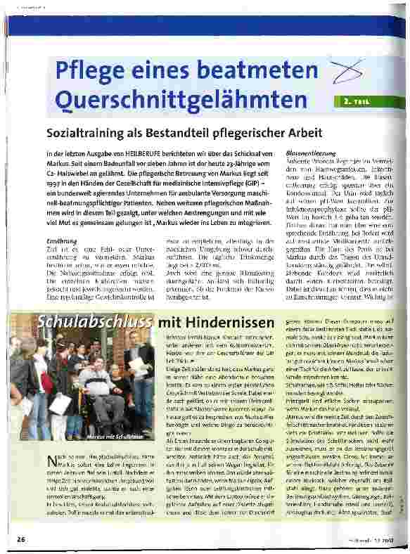 Vorschauseite 1: Pflege eines beatmeten Querschnittgelähmten 2. Teil, Sozialtraining als Bestandteil pflegerischer Arbeit