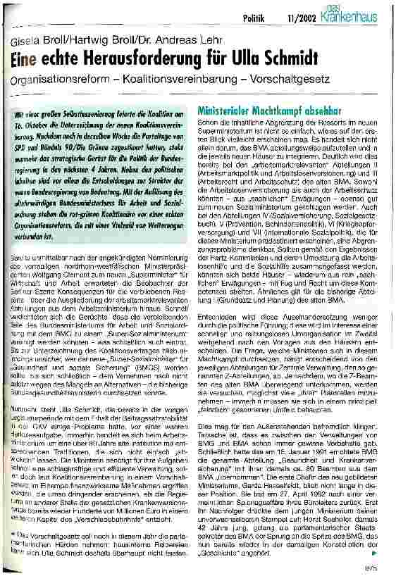 Vorschauseite 1: Eine echte Herausforderung für Ulla Schmidt Organisationsreform - Koalitionsvereinbarung - Vorschaltgesetz