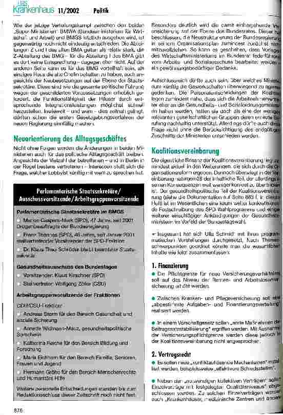 Vorschauseite 2: Eine echte Herausforderung für Ulla Schmidt Organisationsreform - Koalitionsvereinbarung - Vorschaltgesetz