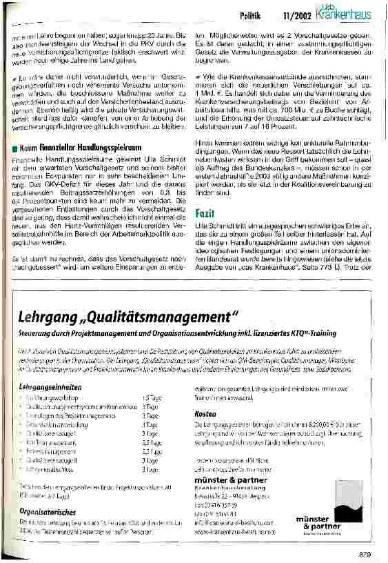Vorschauseite 5: Eine echte Herausforderung für Ulla Schmidt Organisationsreform - Koalitionsvereinbarung - Vorschaltgesetz