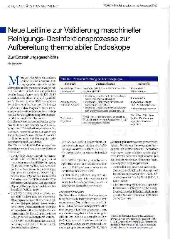Vorschauseite 1: Neue Leitlinie zur Validierung maschineller Reinigungs-Desinfektionsprozessezur Aufbereitung thermolabiler Endoskope