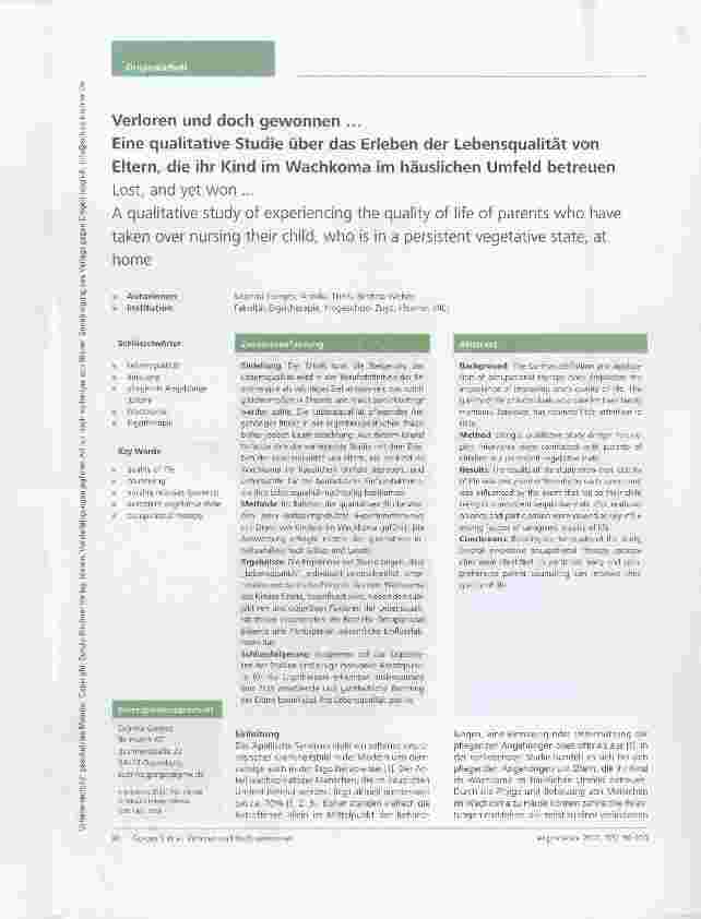 Vorschauseite 1: Verloren und doch gewonnen ... Eine qualitative Studie über das Erleben der Lebensqualität von Eltern, die ihr Kind im Wachkoma im häuslichen Umfeld betreuen