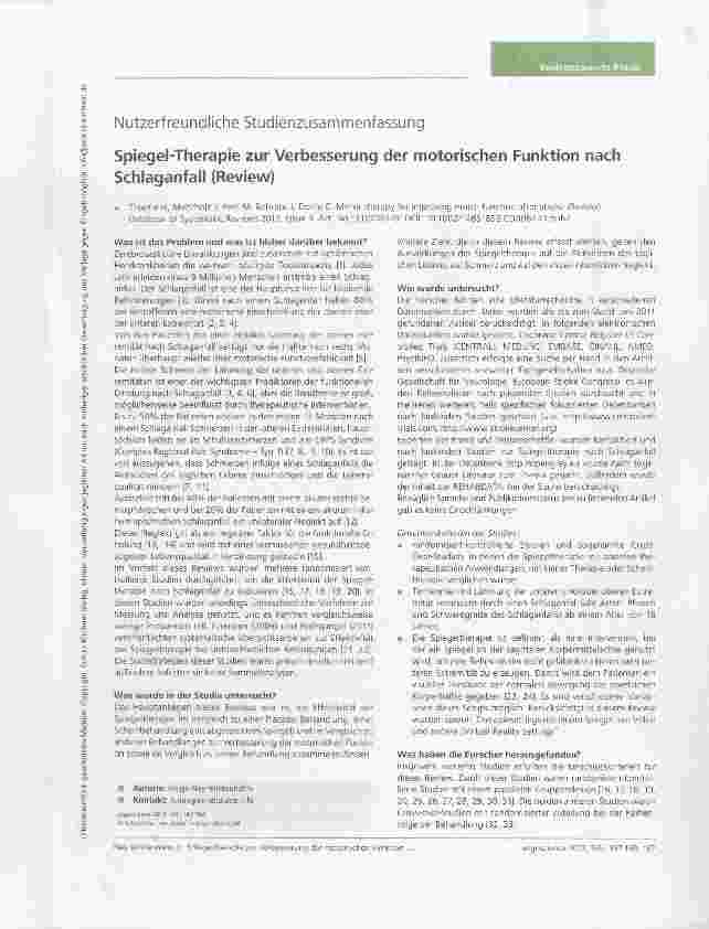 Vorschauseite 1: Spiegel-Therapie zur Verbesserung der motorischen Funktion nach Schlaganfall (Review)