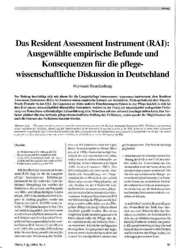 Vorschauseite 1: Das Resident Assessment Insturment (RAI) Ausgewählte empirische Befunde und Konsequenzen für die pflegewissenschaftliche Diskussion in Deutschland