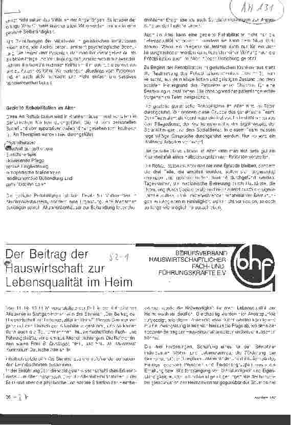Vorschauseite 1: Der Beitrag der Hauswirtschaft zur Lebensqualität im Heim