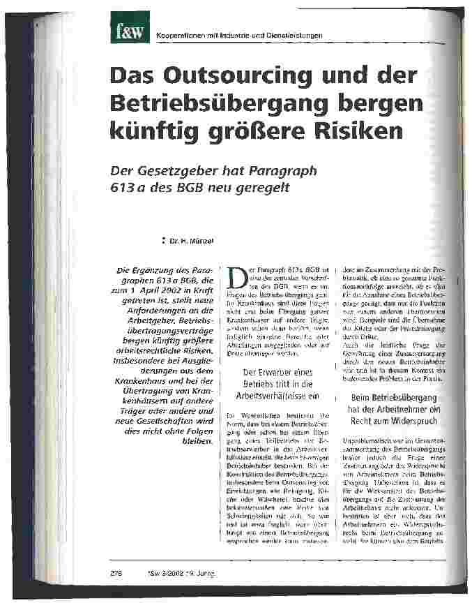 Vorschauseite 1: Das Outsourcing und der Betriebsübergang bergen künftig größere Risiken