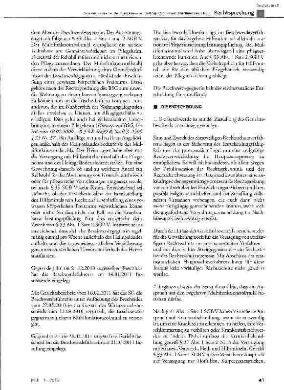 Vorschauseite 3: Zum Anspruch einer Heimbewohnerin auf Versorgung mit einem MultifunktionsroUstuhlSGB V§27Abs. 1 Satz 1 und Satz 2 Nr. 3, §33 Abs. 1 Satz 1 und Satz 2, § 34 Abs. 4; SCB XI §14, §15…