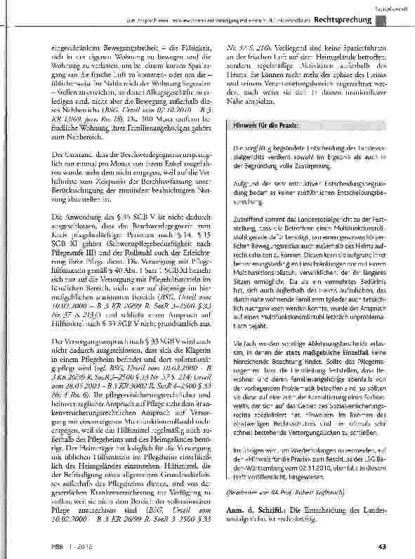 Vorschauseite 5: Zum Anspruch einer Heimbewohnerin auf Versorgung mit einem MultifunktionsroUstuhlSGB V§27Abs. 1 Satz 1 und Satz 2 Nr. 3, §33 Abs. 1 Satz 1 und Satz 2, § 34 Abs. 4; SCB XI §14, §15…