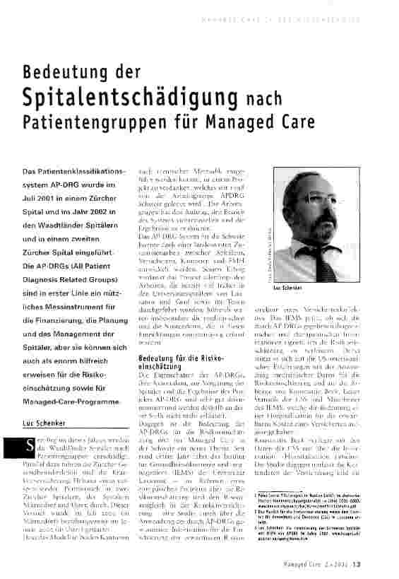 Vorschauseite 1: Bedeutung derSpitalentschädigung nach Patientengruppen für Managed Care