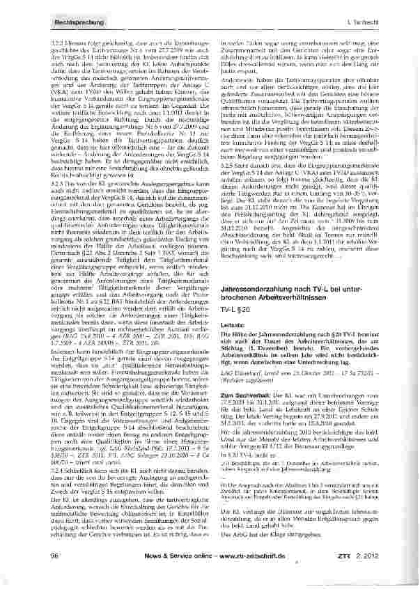 Vorschauseite 1: Jahressonderzahlung nach TV-L bei unterbrochenen Arbeitsverhältnissen TV-L §20