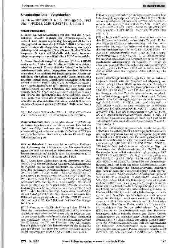 Vorschauseite 1: Urlaubsabgeltung - Vererbbarkeit Richtlinie 2003/88/EG Art. 7, BGB §§613, 1922 Abs. 1, §§ 2032, 2039; BUrIG §§1,3,7 Abs. 4